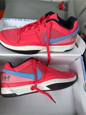 Nike Ja-1 Men’s Low-Top Sneakers in Bright Pink/Red with Light Blue Swoosh